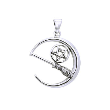 Moon Pentacle with Broom Silver Pendant TPD3386 - Jewelry